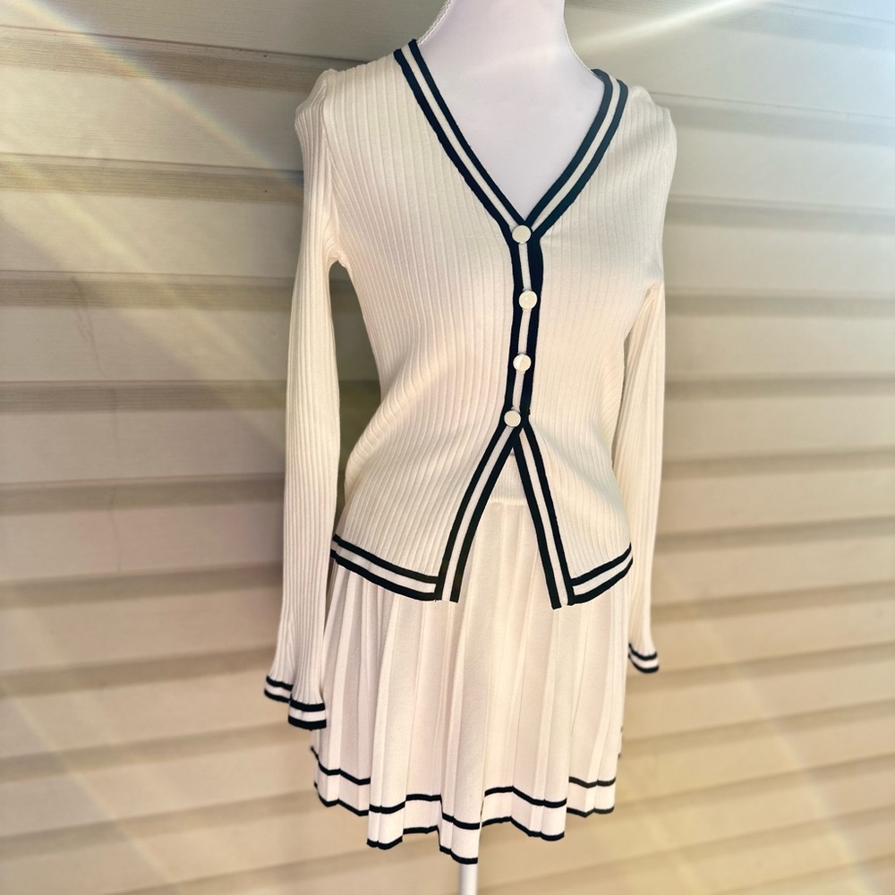 Women’s White Ribbed V-Neck Cardigan Skirt And Sweater Set with Black Trim